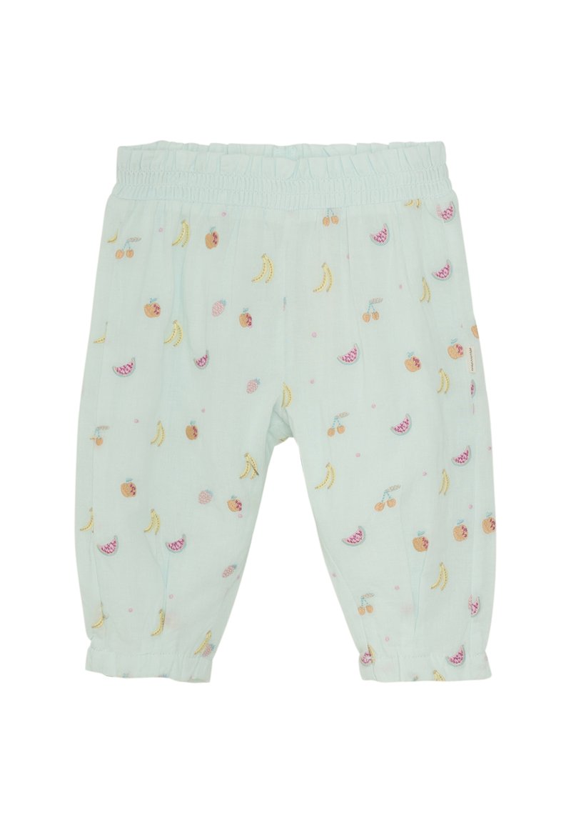 Helle blaue Kinderhose mit Obstmustern, elastischem Bund, gerafften Bündchen und verspielter Stickerei von Bananen, Kirschen und Wassermelonen.