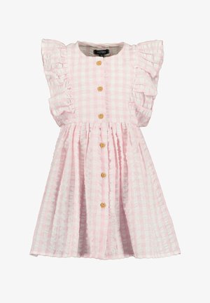 Robe à carreaux roses avec des manches volantes, fermeture à boutons sur le devant et taille froncée. Fabriquée en coton texturé avec un design léger et aéré.