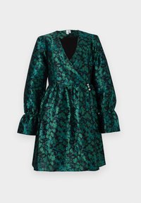Green floral-patterned wrap dress with a deep V-neck, long puff sleeves, and a cinched waist. Features button accents on the side.