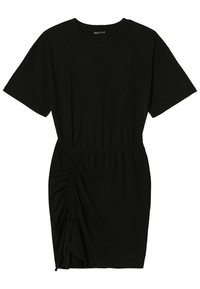 Musta t-paitamekko, joka on valmistettu puuvillasta. Siinä on lyhyet hihat, pyöreä pääntie ja kokoontumiset toisella puolella, mikä luo vartalonmyötäisen ilmeen.