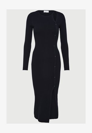Μαύρο πλεκτό φόρεμα μέχρι το γόνατο με μακριά μανίκια, πλευρικό κούμπωμα με κουμπιά και σκίσιμο, εφαρμοστή σιλουέτα και στρογγυλή λαιμόκοψη.