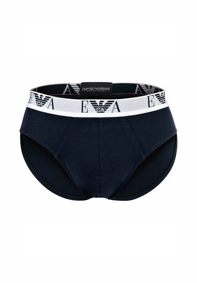 Marineblauwe herenboxershort van zachte katoen, voorzien van een witte elastische tailleband met het zwarte Emporio Armani-logo en het adelaarsembleem.