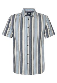 Korte mouwen overhemd met verticale blauwe, marineblauwe en crème strepen, featuring een gewone kraag en een gestructureerde weving.