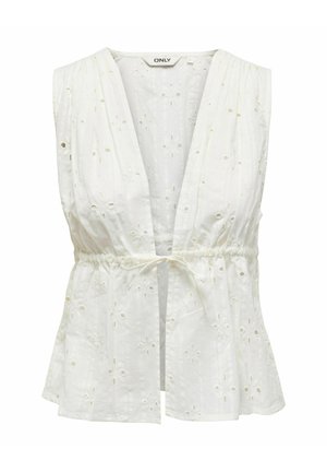 Biała bezrękawnikowa bluzka z fasonem kopertowym, zdobiona haftowanymi wzorami kwiatowymi i zaciśniętym w pasie detalem na sznurku.