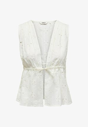 Biała bezrękawnikowa bluzka z fasonem kopertowym, zdobiona haftowanymi wzorami kwiatowymi i zaciśniętym w pasie detalem na sznurku.