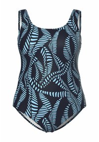 Maillot de bain marine avec un motif de feuilles bleu clair, doté d'un décolleté en scoop et de larges bretelles. Fabriqué en tissu lisse et extensible.