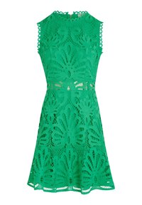 Robe en dentelle verte avec un corsage ajusté et une jupe évasée, présentant des motifs floraux découpés, des bords festonnés et une fermeture éclair au dos.