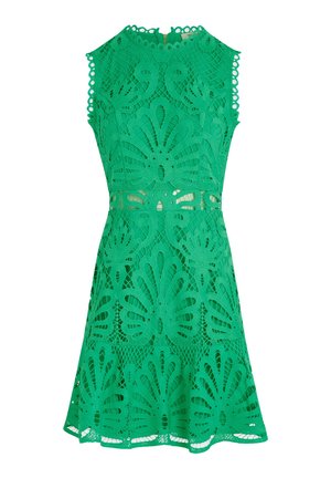 Vestido verde de encaje con un cuerpo ajustado y una falda acampanada, que presenta patrones en forma de flores, bordes ondulados y un cierre de cremallera en la parte trasera.