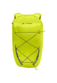 Limegroene rugzak met een slank ontwerp, voorzien van reflecterende accenten, een elastisch koordensysteem aan de voorkant en een glad, gestructureerd stof.