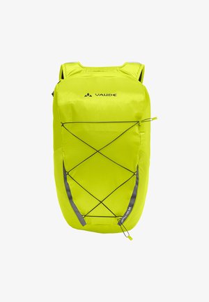 Limegroene rugzak met een slank ontwerp, voorzien van reflecterende accenten, een elastisch koordensysteem aan de voorkant en een glad, gestructureerd stof.