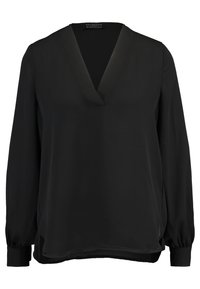 Black long-sleeve blouse with a V-neckline, soft fabric, relaxed fit, and side slits. Cuffs are gathered for a subtle puff effect.