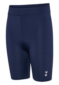 Granatowe spodenki sportowe wykonane z elastycznego materiału, z gładką fakturą i białym logo w kształcie chevronu na dolnym lewym boku.
