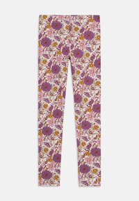 Leggings floreali caratterizzati da una base crema con fiori viola, rosa e gialli. Il design include motivi floreali diagonali e una texture morbida.