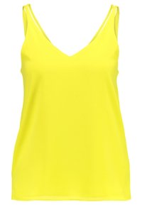 Haut sans manches de couleur jaune vif avec un col en V, texture lisse, et fines bretelles. Pas de motifs ni d'ornements, silhouette simple.