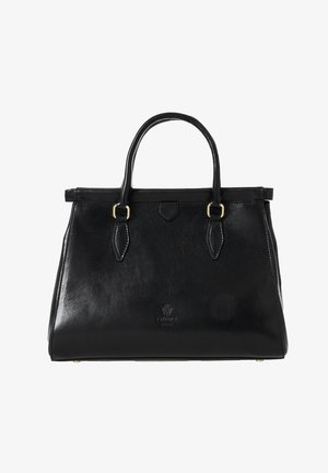 Sac à main en cuir noir avec un design structuré, deux poignées supérieures et des accents en métal doré. Présente une surface texturée et un détail de logo.