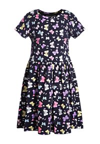 Black dress with short sleeves, featuring a pattern of colorful butterflies in pink, yellow, and blue, with a pleated skirt design.