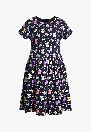 Schwarzes Kleid mit kurzen Ärmeln, das ein Muster aus bunten Schmetterlingen in Pink, Gelb und Blau aufweist, mit einem plissierten Rockdesign.