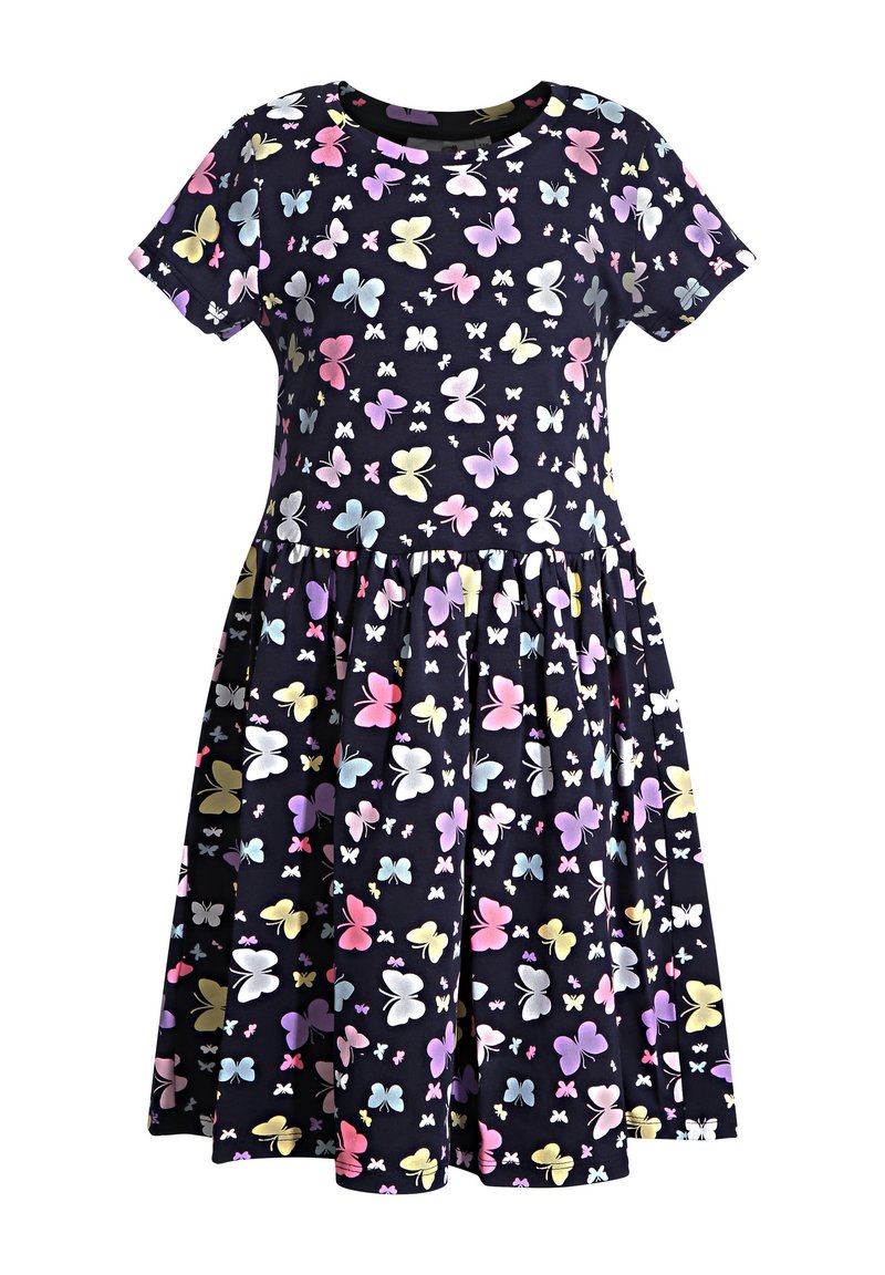 Black dress with short sleeves, featuring a pattern of colorful butterflies in pink, yellow, and blue, with a pleated skirt design.