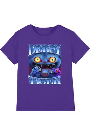 Purple t-shirt with cartoon design of a wide-eyed blue cat face and two smaller creatures, with large text reading "DERPY TIGER."