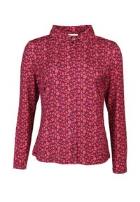Long-sleeve button-up shirt in dark pink with small floral pattern in orange and yellow, featuring a collar and purple buttons.