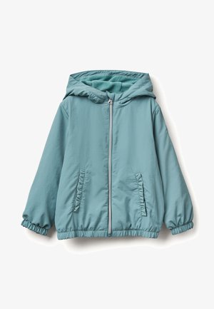 Světlá tyrkysová bunda s kapucí, zipovým uzávěrem a elastickými manžetami. Obsahuje dvě boční kapsy a měkkou, strukturovanou vnitřní podšívku.