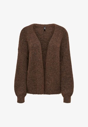Cardigan en maille marron pelucheux avec de longues manches bouffantes et un devant ouvert, présenté sur un fond blanc.