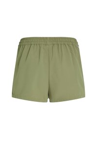 Olivgrüne Shorts aus leichtem Stoff, mit einem elastischen Bund und glatter Textur; keine sichtbaren Muster oder Akzente.