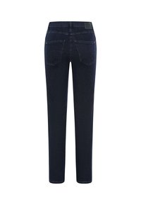 Jean en denim bleu marine avec une coupe droite, présentant des poches arrière, une étiquette à la taille et une finition soignée au bas.