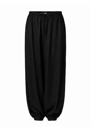 Løse sorte bukser med elastisk talje og snøre, tilspidsede elastiske manchetter, lavet af blødt stof til afslappet brug.