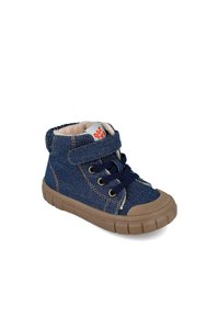 Zapatillas altas de denim con un suave forro de forro polar, cierre de cordones en navy, tira de Velcro y suela de goma con un diseño texturizado.