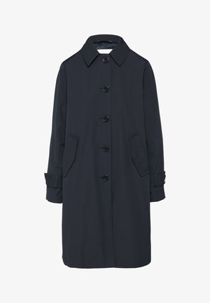 Navy trench coat made from smooth fabric, featuring a collar, six buttons, two side pockets, and adjustable cuffs.