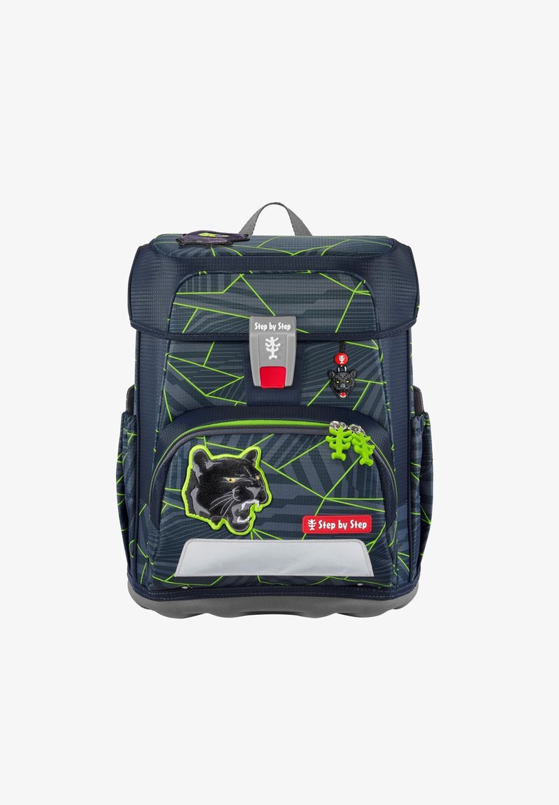Navy backpack with green geometric patterns, a black panther patch, red hardware accents, and dual zippered compartments. Durable fabric.