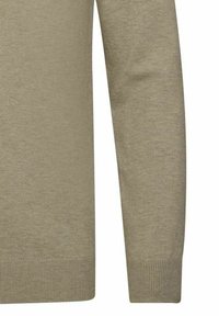 Langärmeliger Strickpullover in hellem Olivgrün mit gerippten Bündchen und Saum, abgebildet vom Oberkörper bis zum Handgelenk.