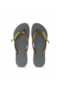 Gray rubber flip-flops with brown straps featuring a green and yellow lizard accent. Textured footbed and embossed brand logo.