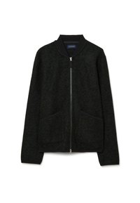 Giacca bomber verde scuro in tessuto strutturato con zip frontale, colletto a coste nero e due tasche frontali. Silhouette casual e design semplice.