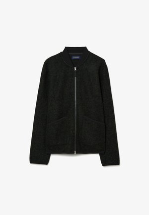 Dark green bomber jacket in textured fabric with a zip front, black ribbed collar, and two front pockets. Casual silhouette and simple design.