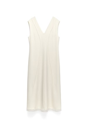 Ärmelloses, knielanges Kleid aus cremefarbenem Stoff. Verfügt über einen V-Ausschnitt und subtile Nahtdetails. Glatte Textur mit geradem Schnitt und einfachem Design.