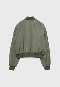 Bomberjack in olijfgroen, met een gladde, glanzende stof, geribde kraag en elastische manchetten en zoom. Eindigt op de taille.