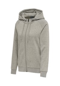 Hellgrauer Kapuzenpullover mit Reißverschluss, Kordelzugkapuze, langen Ärmeln sowie gerippten Bündchen an Ärmeln und Saum, auf weißem Hintergrund gezeigt.