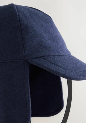 Navy blue cap with a soft fabric texture, featuring a wide brim and extended back for sun protection. Simple stitched accents visible.