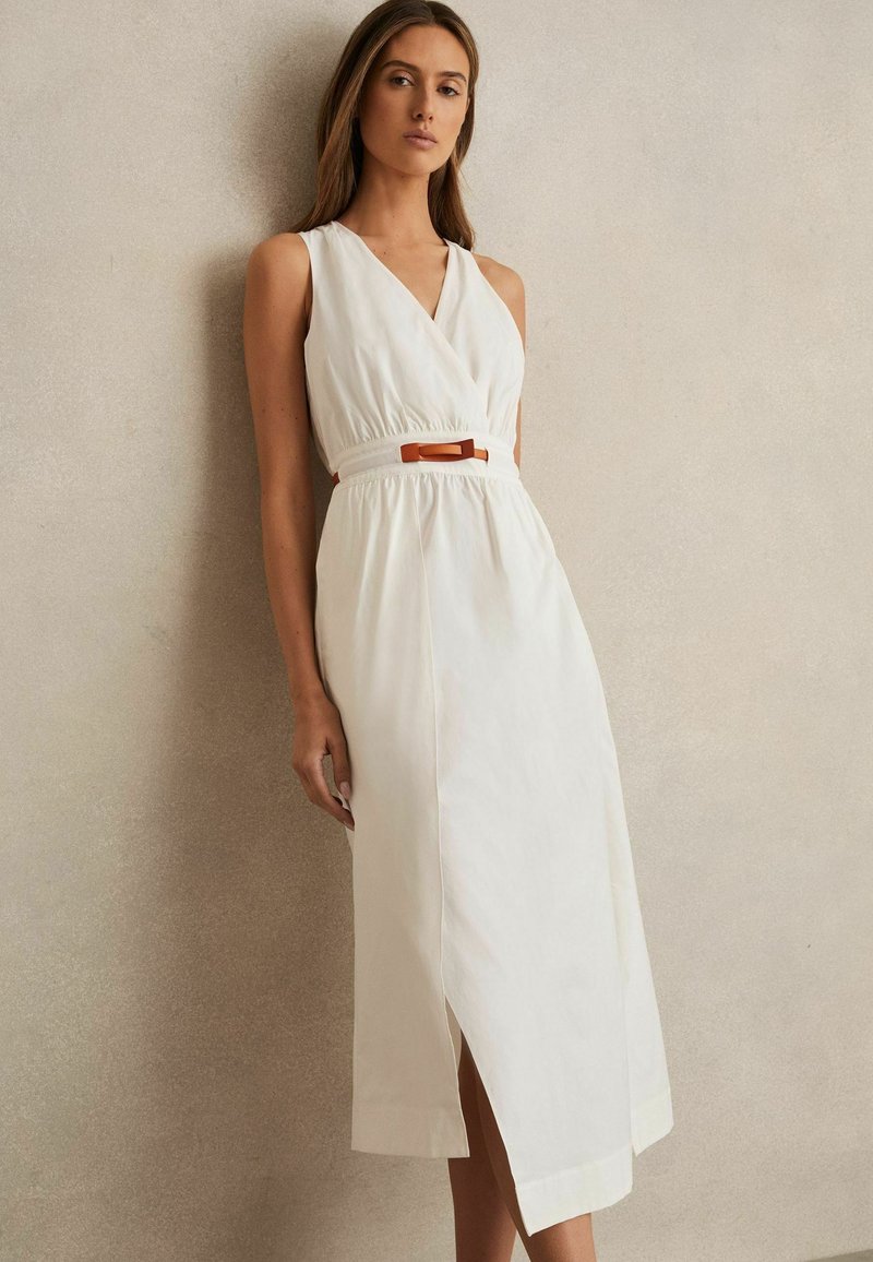 white dress with black ribbon Ciela Bow Puff Sleeve Dress