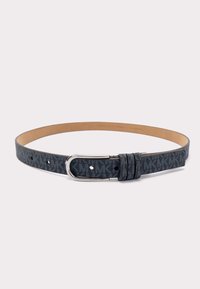 Blauwe leren riem met patroon en zilveren gesp, heeft merkmotieven, verstelbare maat met meerdere gaatjes, gladde textuur en een klassiek ontwerp.