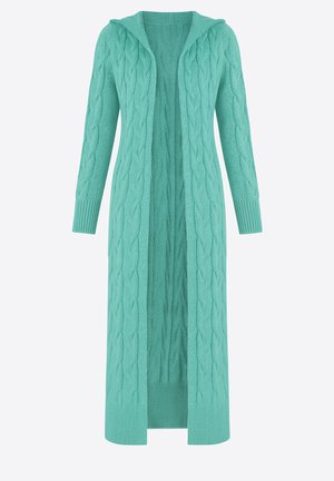 Długi kardigan na otwartym przodzie w miętowym kolorze z wzorem warkocza, z kapturem, ściągaczami przy rękawach i fakturowaną tkaniną.