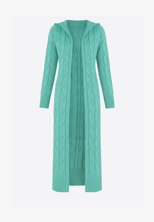 Cárdigan largo abierto al frente en diseño de punto trenzado verde menta, con capucha, puños acanalados y tela texturizada.