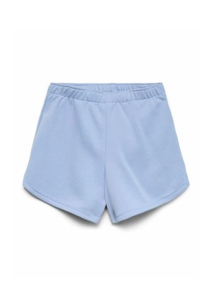 Light blue casual shorts with elastic waistband, soft fabric, and slightly curved hem displayed on a white background.