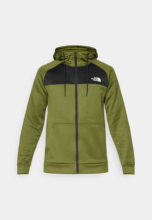 Sweat à capuche zippé vert avec un panneau noir sur la poitrine, capuche ajustable avec cordons et poches avant. Logo sur le côté gauche.