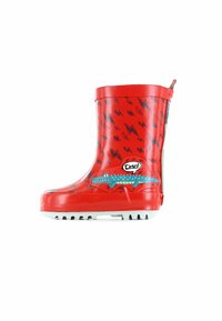 Bottillon de pluie en caoutchouc rouge avec des motifs d'éclairs noirs, un graphique de crocodile bleu, une semelle blanche et une languette à l'arrière pour un enfilage facile.