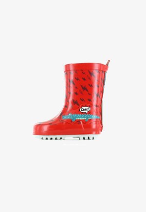 Bottillon de pluie en caoutchouc rouge avec des motifs d'éclairs noirs, un graphique de crocodile bleu, une semelle blanche et une languette à l'arrière pour un enfilage facile.