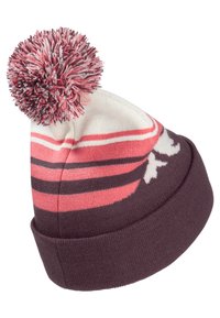 Strickmütze in burgunderrot mit abwechselnden Streifen in Weiß und Pink, gekrönt mit einem flauschigen Pompon in passenden Farben.