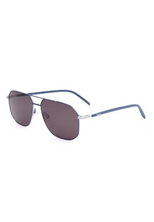 Occhiali da sole aviator con montatura in metallo, lenti rettangolari scure e aste blu, con un piccolo logo sul lato.